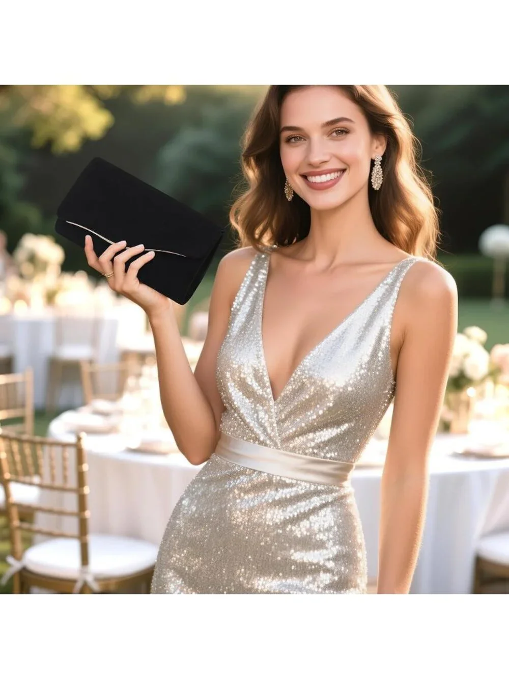 Women's Black Formal Clutch Purse With Detachable Chain Strap Evening Bag